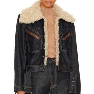 Steve Madden Black and Cream Jean Jacket with Sherpa Collar
